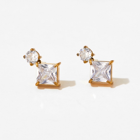 Picture of 1 Pair Vacuum Plating Stylish Exquisite 18K Real Gold Plated 304 Stainless Steel & Cubic Zirconia Square Round Ear Post Stud Earrings For Women Birthday 1.3cm x 0.9cm