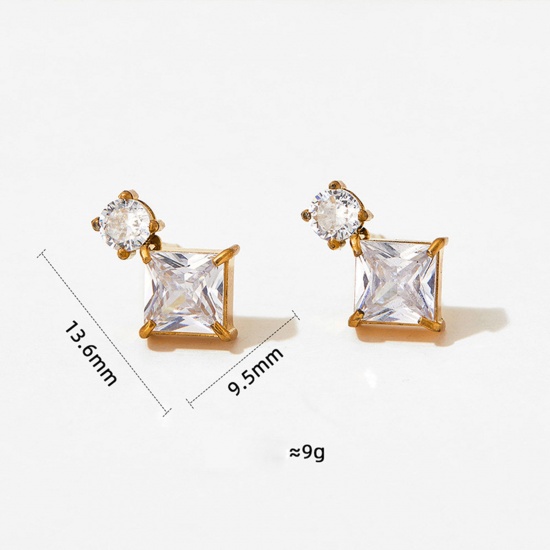Picture of 1 Pair Vacuum Plating Stylish Exquisite 18K Real Gold Plated 304 Stainless Steel & Cubic Zirconia Square Round Ear Post Stud Earrings For Women Birthday 1.3cm x 0.9cm