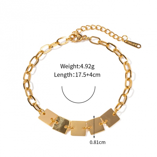 Picture of Eco-friendly Vacuum Plating Simple & Casual Stylish 18K Real Gold Plated 304 Stainless Steel Paperclip Chain Square Bracelets For Women Party 17cm(6 6/8") long, 1 Piece