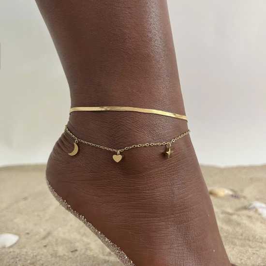 Picture of 1 Piece Eco-friendly Vacuum Plating Exquisite Beach 18K Real Gold Plated 304 Stainless Steel Snake Chain Half Moon Heart Multilayer Layered Anklet For Women 23cm-28cm long