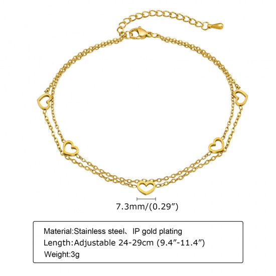Picture of 1 Piece Eco-friendly Vacuum Plating Exquisite Beach 18K Real Gold Plated 304 Stainless Steel Link Cable Chain Heart Multilayer Layered Anklet For Women 24cm-29cm long