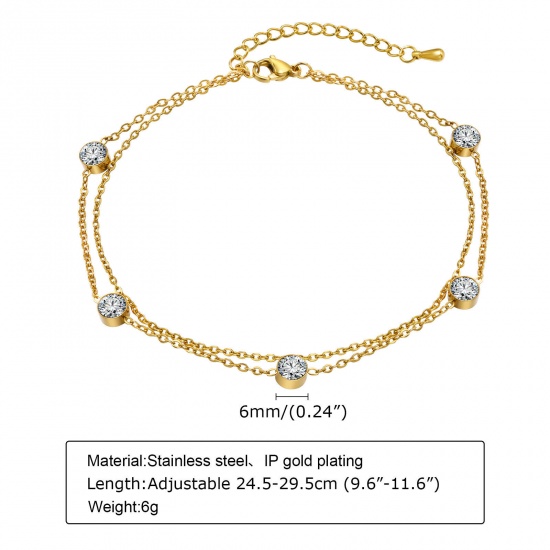 Picture of 1 Piece Eco-friendly Vacuum Plating Exquisite Beach 18K Real Gold Plated 304 Stainless Steel & Cubic Zirconia Link Cable Chain Multilayer Layered Anklet For Women 24cm-29cm long