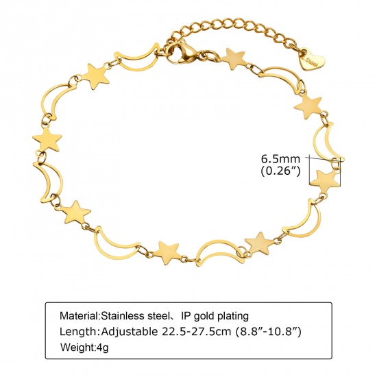 Picture of 1 Piece Eco-friendly Vacuum Plating Exquisite Beach 18K Gold Color 304 Stainless Steel Link Chain Half Moon Pentagram Star Anklet For Women 22cm(8 5/8") long