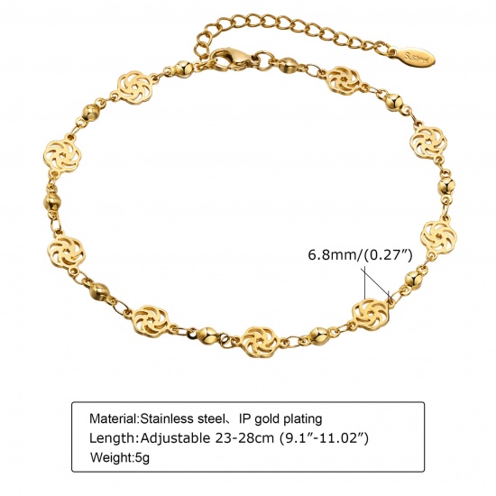 Picture of 1 Piece Eco-friendly Vacuum Plating Exquisite Beach 18K Gold Color 304 Stainless Steel Link Chain Flower Anklet For Women 23cm(9") long