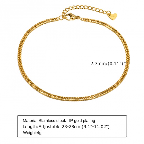 Picture of 1 Piece Eco-friendly Vacuum Plating Exquisite Beach 18K Gold Color 304 Stainless Steel Cuban Link Chain Anklet For Women 23cm(9") long