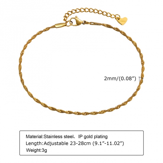 Picture of 1 Piece Eco-friendly Vacuum Plating Exquisite Beach 18K Gold Color 304 Stainless Steel Wave Twisted Chain Anklet For Women 23cm(9") long