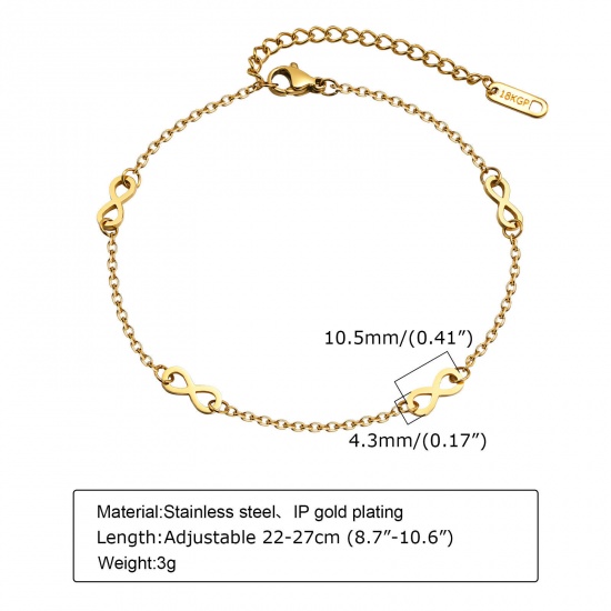 Picture of 1 Piece Eco-friendly Vacuum Plating Exquisite Beach 18K Real Gold Plated 304 Stainless Steel Curb Link Chain Infinity Symbol Anklet For Women 23cm(9") long