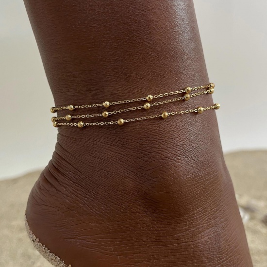 Picture of 1 Piece Eco-friendly Vacuum Plating Exquisite Beach 18K Real Gold Plated 304 Stainless Steel Ball Chain Multilayer Layered Anklet For Women 21cm-26cm long