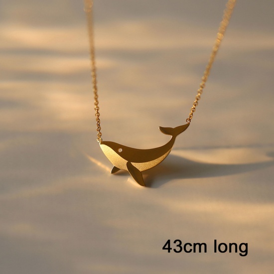 Picture of 1 Piece Vacuum Plating Stylish Ocean Jewelry 18K Gold Plated 304 Stainless Steel Link Cable Chain Whale Animal Frosted Pendant Necklace For Children 43cm(16 7/8") long