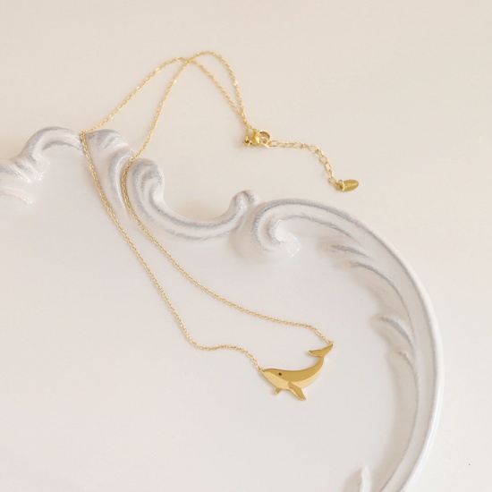 Picture of 1 Piece Vacuum Plating Stylish Ocean Jewelry 18K Gold Plated 304 Stainless Steel Link Cable Chain Whale Animal Frosted Pendant Necklace For Children 43cm(16 7/8") long