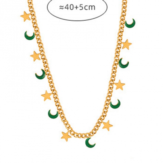 Picture of Eco-friendly Vacuum Plating Simple & Casual Galaxy 18K Real Gold Plated Green 304 Stainless Steel Link Cable Chain Tassel Moon Enamel Pendant Necklace For Women 40cm(15 6/8") long, 1 Piece