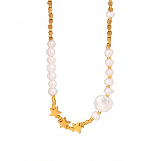 Immagine di Placcatura Sottovuoto Ecologica Elegante Barocco 18K Vero Oro Placcato Acciaio Inossidabile 304 & Perla Naturale Stella a Cinque Punte Strozzatore Collana Per Donne 38cm Lunghezza, 1 Pz