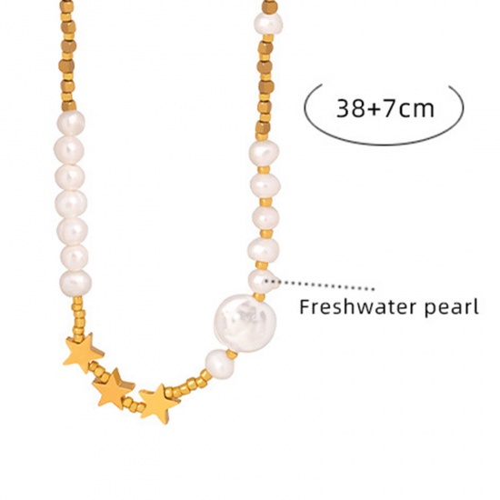 Immagine di Placcatura Sottovuoto Ecologica Elegante Barocco 18K Vero Oro Placcato Acciaio Inossidabile 304 & Perla Naturale Stella a Cinque Punte Strozzatore Collana Per Donne 38cm Lunghezza, 1 Pz