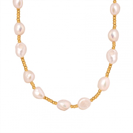 1 Piece Vacuum Plating Dainty Romantic 18K Real Gold Plated 304 Stainless Steel & Natural Pearl Beaded Necklace For Women 38cm(15") long