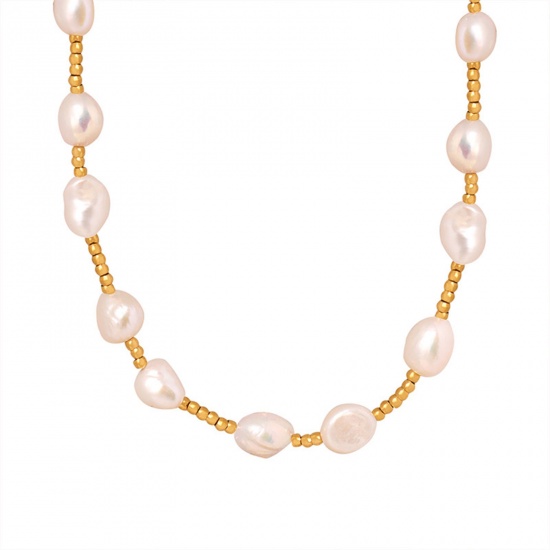 Picture of 1 Piece Vacuum Plating Dainty Romantic 18K Real Gold Plated 304 Stainless Steel & Natural Pearl Beaded Necklace For Women 38cm(15") long