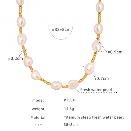 Picture of 1 Piece Vacuum Plating Dainty Romantic 18K Real Gold Plated 304 Stainless Steel & Natural Pearl Beaded Necklace For Women 38cm(15") long