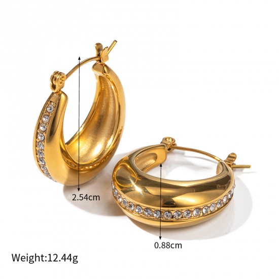 Picture of 1 Pair Vacuum Plating Exquisite Stylish 18K Real Gold Plated 304 Stainless Steel & Rhinestone Hoop Earrings For Women Party 2.5cm Dia.