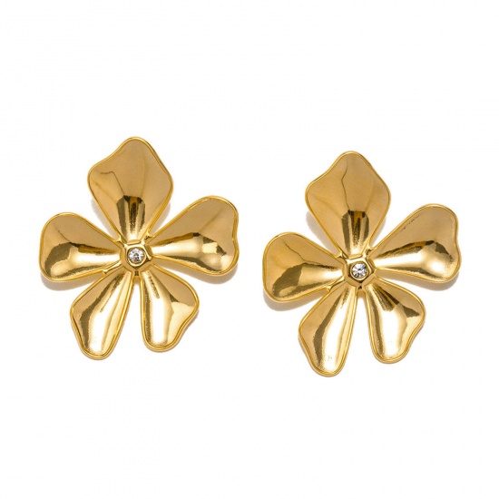 Image de 1 Paire Placage sous Vide Sucré & Mignon Boucles d'Oreilles Puces Style Royal en 304 Acier Inoxydable & Strass Fleur Plaqué Or Véritable 18K Pour Femmes 3.5cm x 3.2cm