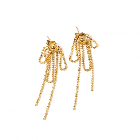 Picture of 1 Pair Vacuum Plating Stylish Ins Style 18K Real Gold Plated 304 Stainless Steel Tassel Bowknot Earrings For Women Party 5.2cm