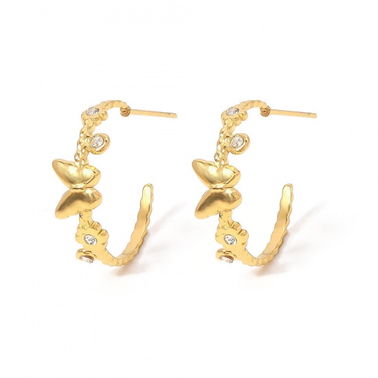 Immagine di 1 Paio Placcatura Sottovuoto Semplice & Casual Elegante 14k Vero Oro Placcato 304 Acciaio Inossidabile & Strass forma di C Farfalla Orecchini Circolari Per Donne Festa 19mm Dia.