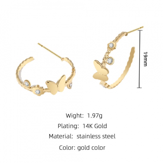 Immagine di 1 Paio Placcatura Sottovuoto Semplice & Casual Elegante 14k Vero Oro Placcato 304 Acciaio Inossidabile & Strass forma di C Farfalla Orecchini Circolari Per Donne Festa 19mm Dia.