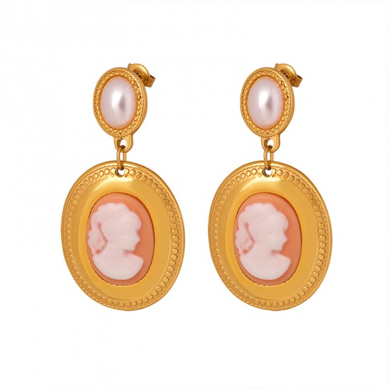Picture of 1 Pair Vacuum Plating Retro Style Of Royal Court Character 18K Real Gold Plated 304 Stainless Steel & Resin Oval Beauty Lady Earrings For Women Party 4.6cm x 2.4cm