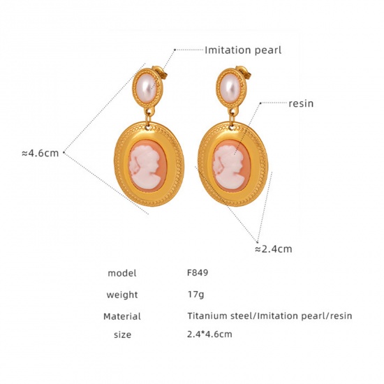 Picture of 1 Pair Vacuum Plating Retro Style Of Royal Court Character 18K Real Gold Plated 304 Stainless Steel & Resin Oval Beauty Lady Earrings For Women Party 4.6cm x 2.4cm