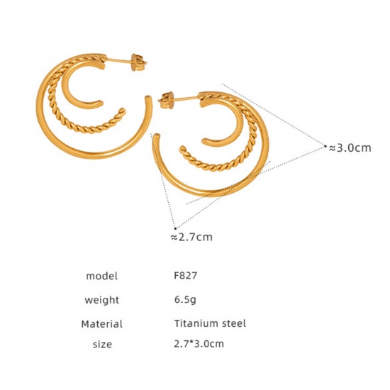 Picture of 1 Pair Vacuum Plating Stylish Simple 18K Real Gold Plated 304 Stainless Steel Braided Hoop Earrings For Women 3cm x 2.7cm