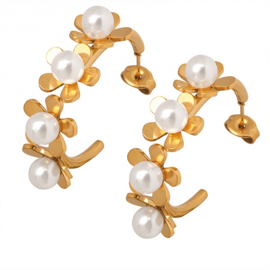 Immagine di 1 Paio Placcatura Sottovuoto Elegante Elegante 18K Vero Oro Placcato 304 Acciaio Inossidabile forma di C Fiore Imitata Perla Orecchini Circolari Per Donne Anniversario 24mm x 24mm