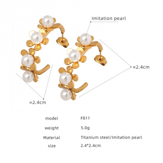 Immagine di 1 Paio Placcatura Sottovuoto Elegante Elegante 18K Vero Oro Placcato 304 Acciaio Inossidabile forma di C Fiore Imitata Perla Orecchini Circolari Per Donne Anniversario 24mm x 24mm