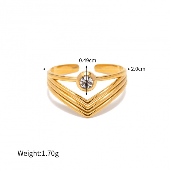 Picture of Eco-friendly Vacuum Plating Stylish Retro 18K Real Gold Plated 304 Stainless Steel & Rhinestone Open V-shaped Streak Rings For Women Party 20mm(US Size 10.25), 1 Piece