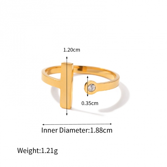 Picture of Eco-friendly Vacuum Plating Stylish Retro 18K Real Gold Plated 304 Stainless Steel & Rhinestone Open T-shaped Rings For Women Party 18mm(US Size 7.75), 1 Piece