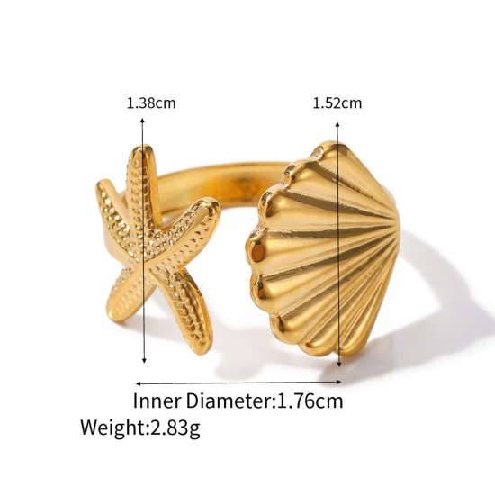 Picture of Eco-friendly Vacuum Plating Stylish Ocean Jewelry 18K Real Gold Plated 304 Stainless Steel Open Star Fish Shell Rings For Women Party 17mm(US Size 6.5), 1 Piece