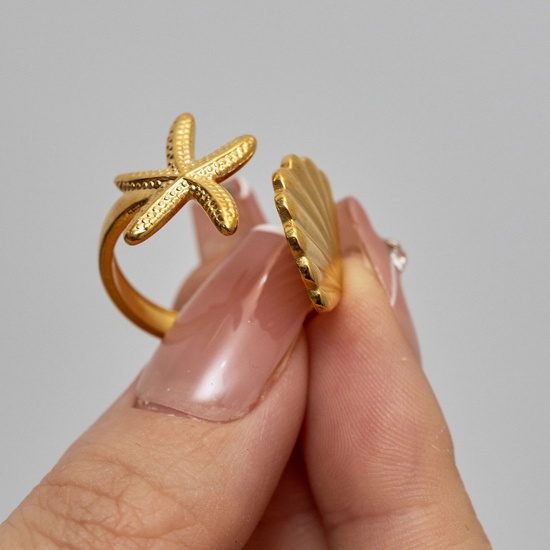 Picture of Eco-friendly Vacuum Plating Stylish Ocean Jewelry 18K Real Gold Plated 304 Stainless Steel Open Star Fish Shell Rings For Women Party 17mm(US Size 6.5), 1 Piece