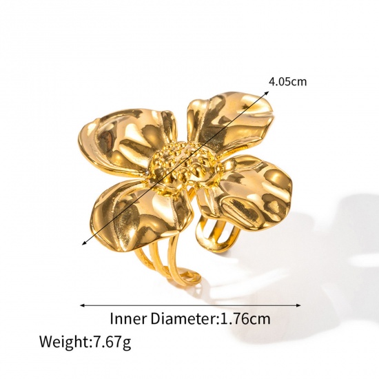 Picture of Eco-friendly Vacuum Plating Stylish Ins Style 18K Real Gold Plated 304 Stainless Steel Open Flower Rings For Women Party 17mm(US Size 6.5), 1 Piece