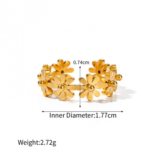 Immagine di Placcatura Sottovuoto Ecologica Elegante Semplice 18K Vero Oro Placcato 304 Acciaio Inossidabile Aperto Fiore Margherita Anello Per Donne Festa 17mm (taglia di US: 6.5), 1 Pz