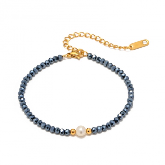 Immagine di Placcatura Sottovuoto Ecologica Boemia Elegante 18K Vero Oro Placcato Acciaio Inossidabile 304 & Perla Naturale Bracciali Delicato bracciali delicate braccialetto in rilievo Per Donne 16cm Lunghezza, 1 Pz