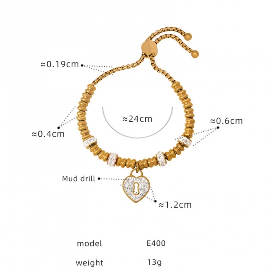 Picture of Eco-friendly Vacuum Plating Exquisite Stylish 18K Real Gold Plated 304 Stainless Steel & Rhinestone Curb Chain Heart Beaded Charm Bracelets For Women Party 24cm(9 4/8") long, 1 Piece