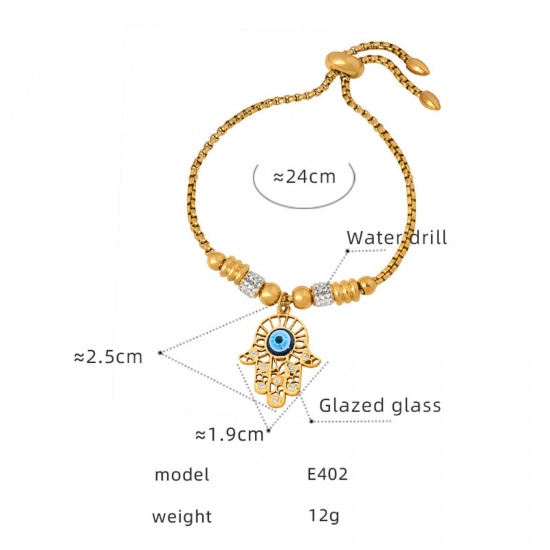 Picture of Eco-friendly Vacuum Plating Exquisite Stylish 18K Real Gold Plated 304 Stainless Steel & Rhinestone Curb Chain Hamsa Symbol Hand Evil Eye Beaded Charm Bracelets For Women Party 24cm(9 4/8") long, 1 Piece