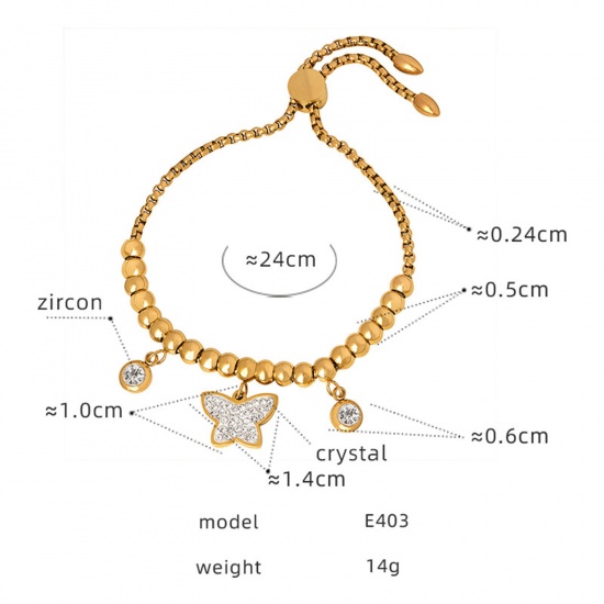 Picture of Eco-friendly Vacuum Plating Exquisite Stylish 18K Real Gold Plated 304 Stainless Steel & Rhinestone Curb Chain Butterfly Animal Beaded Charm Bracelets For Women Party 24cm(9 4/8") long, 1 Piece