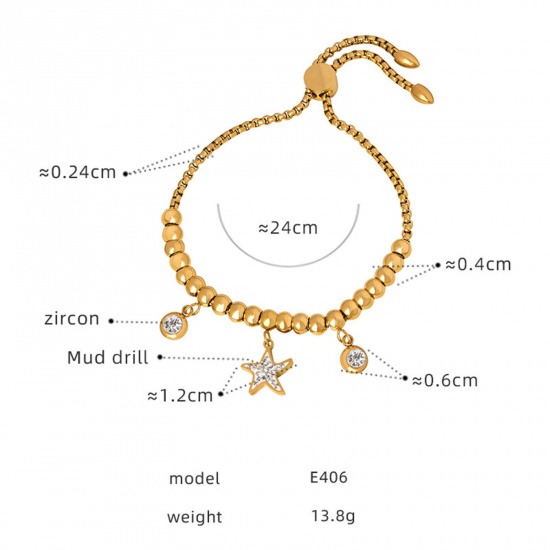 Picture of Eco-friendly Vacuum Plating Exquisite Stylish 18K Real Gold Plated 304 Stainless Steel & Rhinestone Curb Chain Pentagram Star Beaded Charm Bracelets For Women Party 24cm(9 4/8") long, 1 Piece