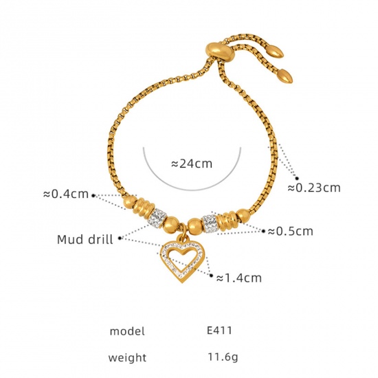 Picture of Eco-friendly Vacuum Plating Exquisite Stylish 18K Real Gold Plated 304 Stainless Steel & Rhinestone Curb Chain Heart Beaded Charm Bracelets For Women Party 24cm(9 4/8") long, 1 Piece