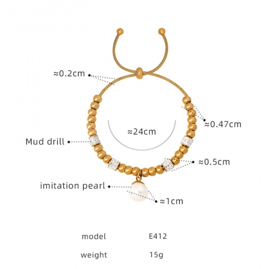 Picture of Eco-friendly Vacuum Plating Exquisite Stylish 18K Real Gold Plated 304 Stainless Steel & Rhinestone Curb Chain Beaded Charm Bracelets For Women Party 24cm(9 4/8") long, 1 Piece
