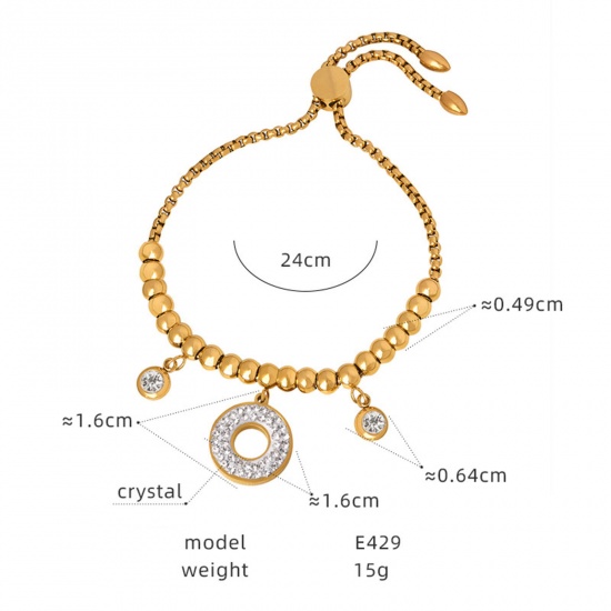 Picture of Eco-friendly Vacuum Plating Exquisite Stylish 18K Real Gold Plated 304 Stainless Steel & Rhinestone Curb Chain Circle Ring Beaded Charm Bracelets For Women Party 24cm(9 4/8") long, 1 Piece