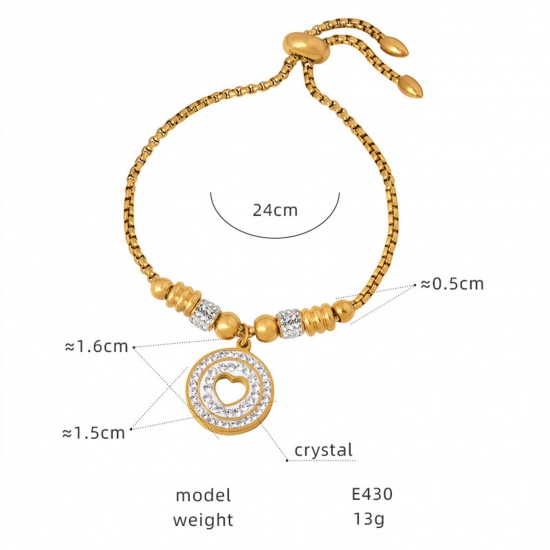 Picture of Eco-friendly Vacuum Plating Exquisite Stylish 18K Real Gold Plated 304 Stainless Steel & Rhinestone Curb Chain Round Heart Hollow Charm Bracelets For Women Party 24cm(9 4/8") long, 1 Piece