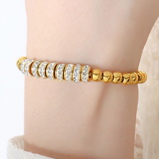 Immagine di Placcatura Sottovuoto Ecologica Semplice & Casual Elegante 18K Oro riempito 304 Acciaio Inossidabile & Strass Bracciali Delicato bracciali delicate braccialetto in rilievo Per Donne 24cm Lunghezza, 1 Pz