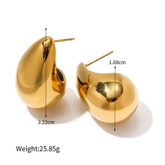 Picture of Eco-friendly Vacuum Plating Simple & Casual Ins Style 18K Real Gold Plated 304 Stainless Steel Drop Ear Post Stud Earrings For Women 3.2cm x 1.9cm, 1 Pair