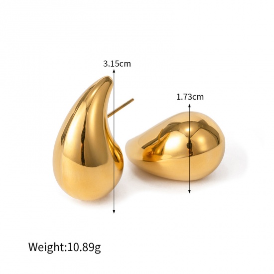 Picture of Eco-friendly Vacuum Plating Simple & Casual Ins Style 18K Real Gold Plated 304 Stainless Steel Drop Ear Post Stud Earrings For Women 3.1cm x 1.7cm, 1 Pair