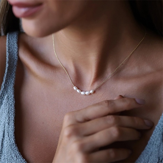 Picture of Wholesale Baroque Pendant Charm Necklace, 14K Gold Plated Stainless Steel & Natural Pearl Link Cable Chain, Women's Eco-friendly Vacuum Plating Elegant Stylish Anniversary Jewelry For Retailer, 42cm(16.5") long, 1 Piece