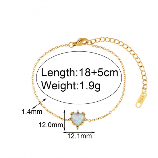 Picture of Eco-friendly Vacuum Plating Exquisite Retro 18K Real Gold Plated 304 Stainless Steel & Opal Link Cable Chain Heart Charm Bracelets For Women Party 18cm(7 1/8") long, 1 Piece